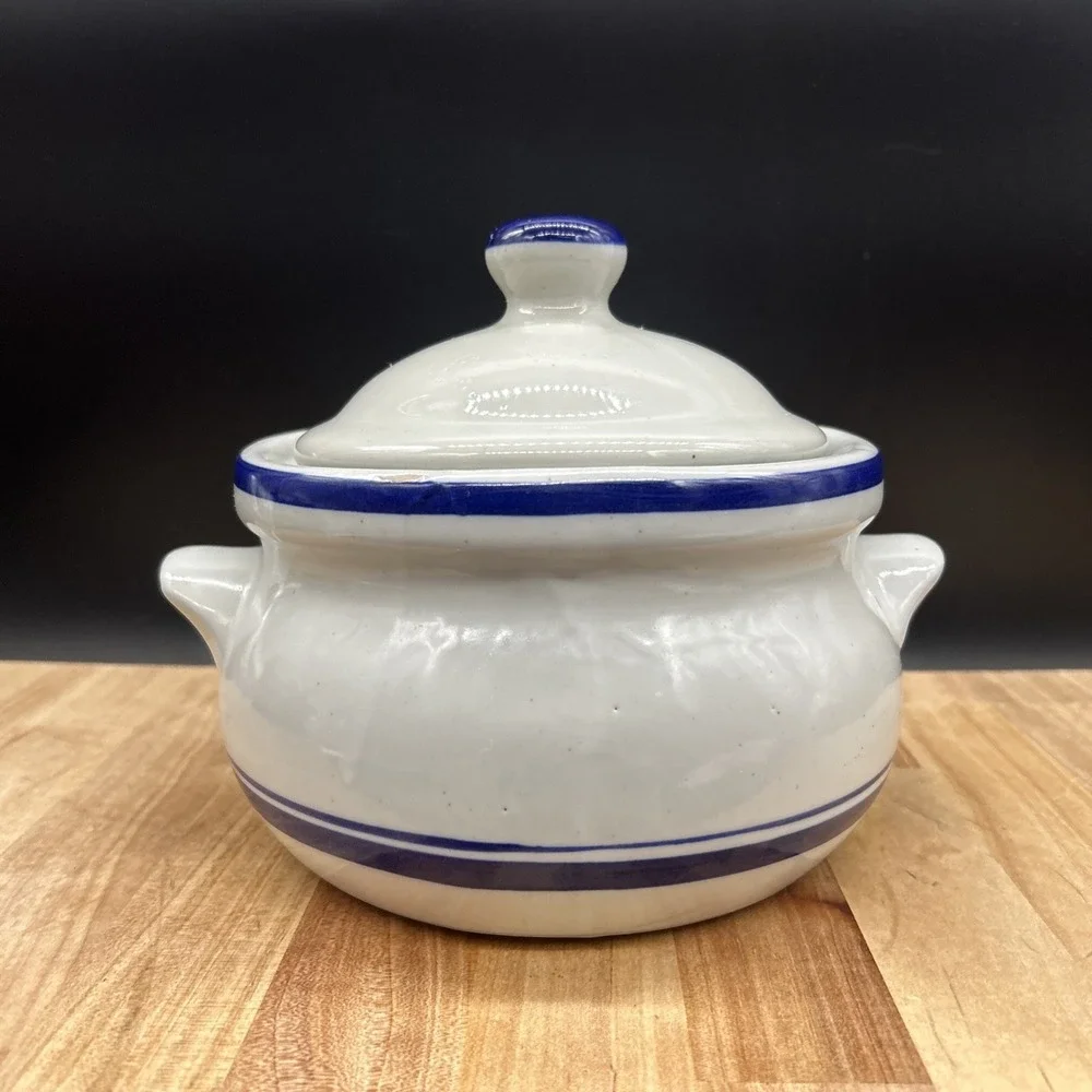 Stoneware Crock With Lid And Handles Blue And Gray Made In Taiwan 2 Quart EUC